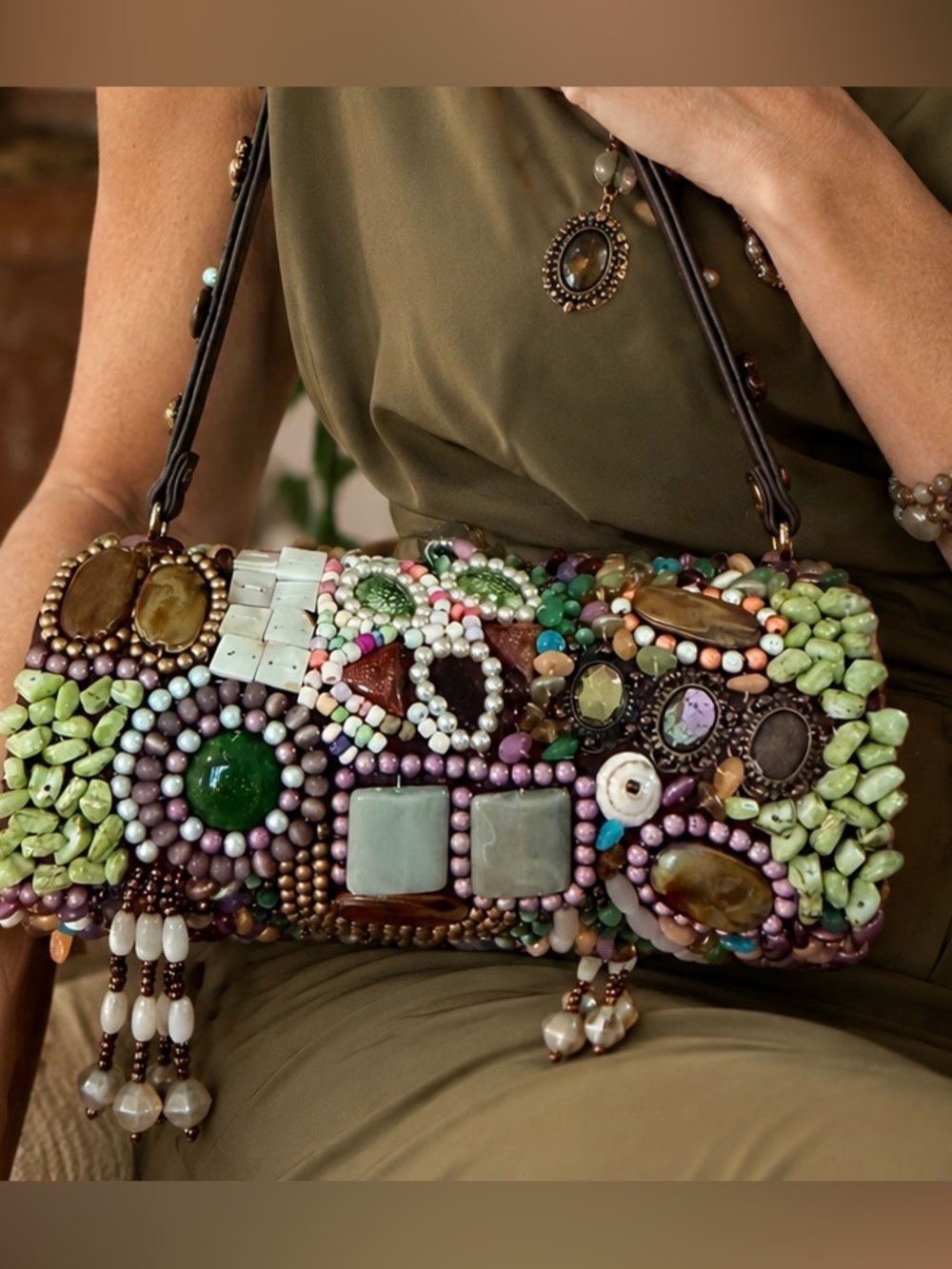 Boho-Chic Barrel Handbag Eclectic Patchwork Mosaic Beaded Statement Tassel READ